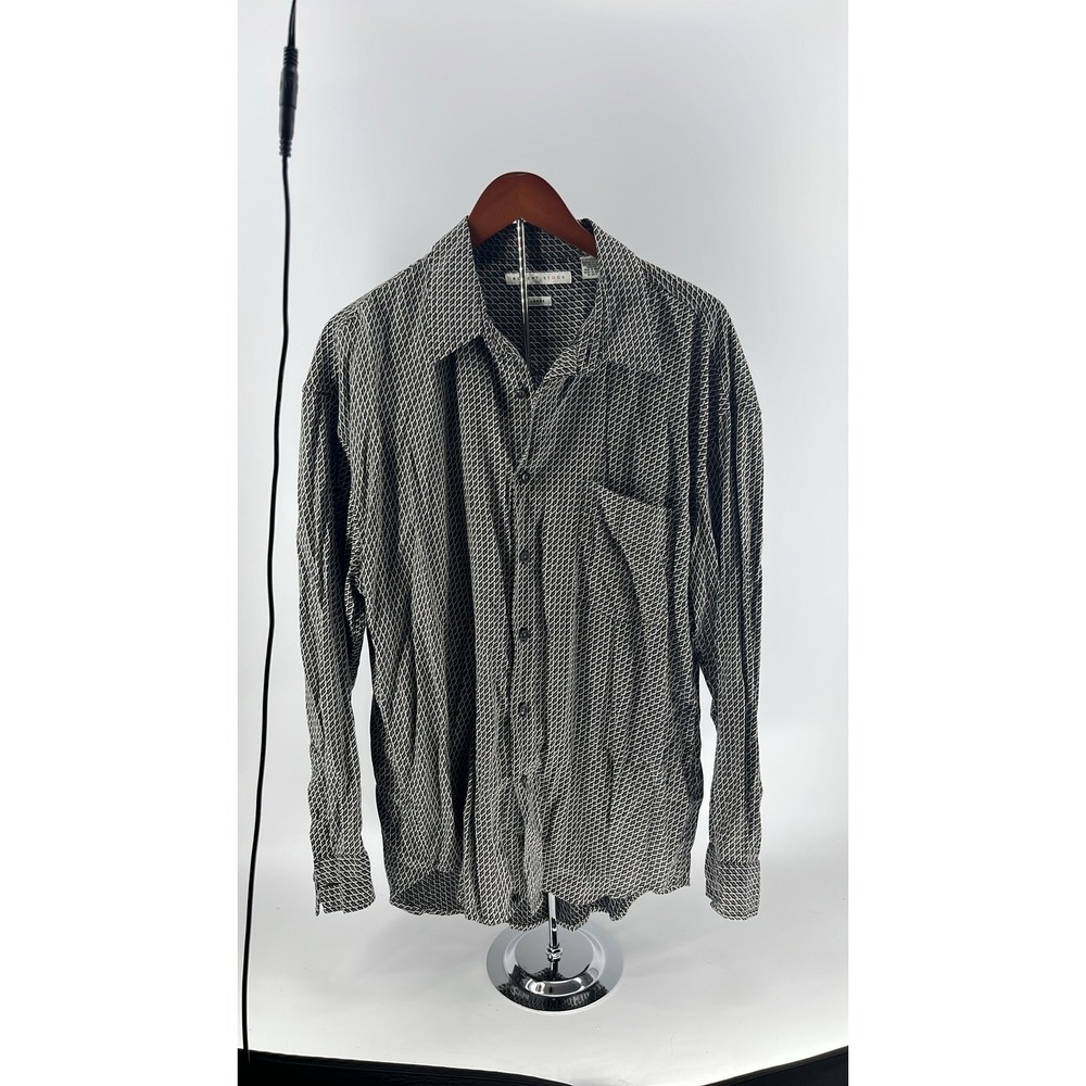 Robert Stock Mens Large Black White Geometric Diamond Print Button Down Shirt